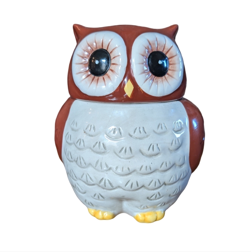 1979s Vintage Owl Ceramic Cookie Jar - Brown and White